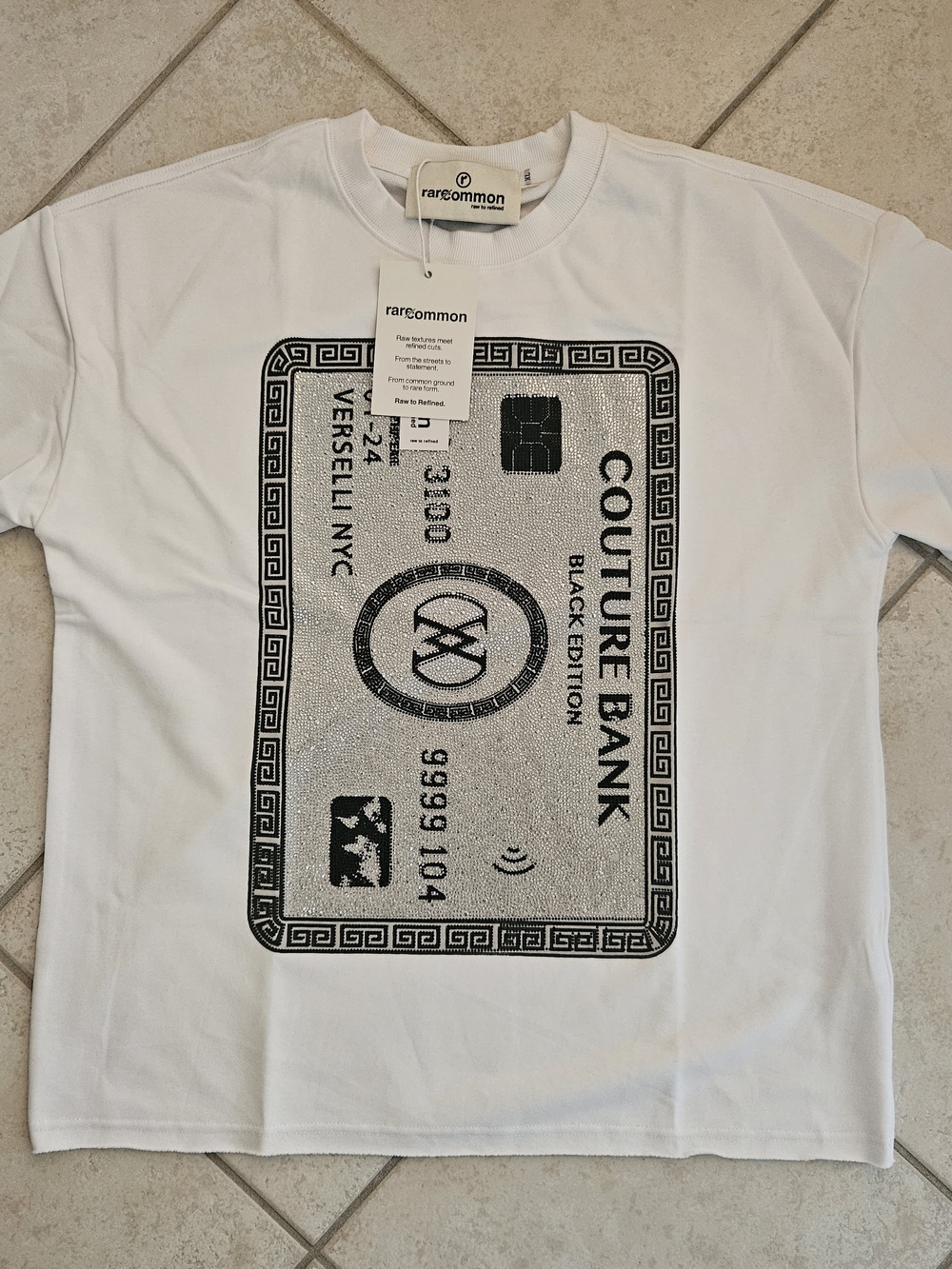 Rarecommon Men’s White Graphic Short Sleeve Tee - Glitter Couture Bank Print